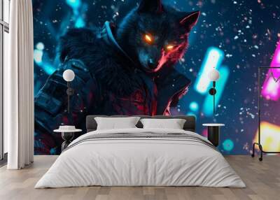 Halloween Night Photography Concept of Cyborg Werewolf with Glowing Metallic Fur Prowling Dark City Streets Wall mural