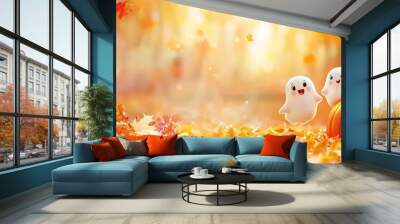 Halloween themed ghost and pumpkin print designed in a delightful kawaii style for a fun and festive atmosphere. The colorful 3D rendered image has a cozy whimsical feel with a bright color scheme. Wall mural