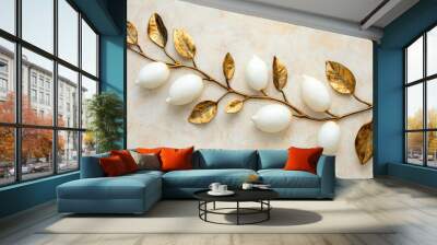 Hanging oranges and gold leafy vines from a wall Wall mural