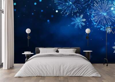 HAPPY NEW YEAR 2025 / New Year's Eve Holiday Event Party Firework Background Panorama Banner - Golden fireworks and champagne classes toast on dark night sky texture with bokeh Wall mural