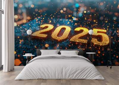 Happy New Year 2025 with Golden New Year's Number Text, Sparkling Celebration Stock Image Wall mural