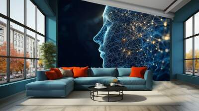 Humanoid head with artificial neuronal connections, representing the concept of stock. The illustration shows a neural network within the head. Wall mural