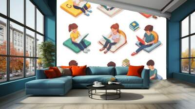 Icons for children reading, learning, and drawing isometrically Wall mural