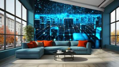 Illustration of a futuristic digital neon theme with a dense optical grid line and circuit. Concepts for future innovation and technology. Wall mural