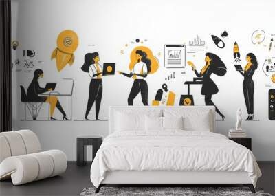 Illustration of business people with different concepts drawn by hand Wall mural