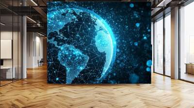 Illustration of hologram earth floating on futuristic digital elements. Conceptual illustration of future technologies and digital technology applications. Wall mural