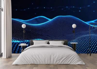 Illustration of horizon grid line circuit and waveform wireframe in a blue digital environment. Future digital technology and innovation concept. Wall mural