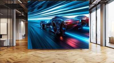 In a glowing blue environment, a sleek, futuristic vehicle creates a trail of light and particles. Wall mural