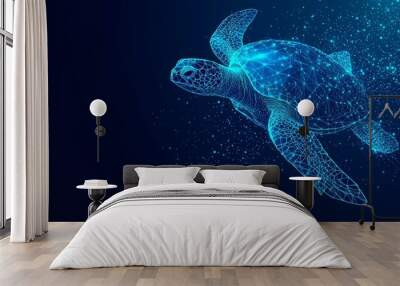 In a low-poly design against a blue backdrop, this illustration depicts a geometric sea turtle. Wall mural