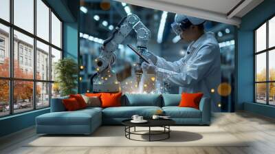 In dark blue, abstract polygonal engineer is holding tablet and controlling robot and tool. Smart technology manufacturing process. Modern image of industrial technology, automation concept. Wall mural