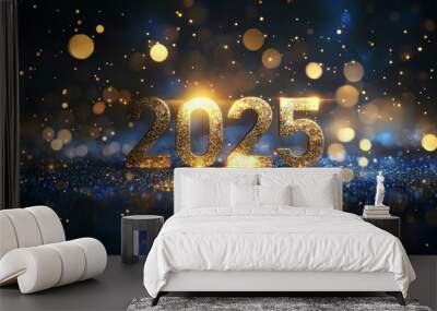 In honor of New Year's Eve 2025, there are gold letters, fireworks, confetti, sparkling lights in the night sky. Holiday festival illustration banner wallpaper backdrop banner dark blue black Wall mural