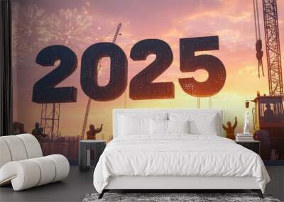 In the background of the rising sun and cloudy sky, cranes working as part of a team to prepare to welcome the new year 2025. Modern illustration. Wall mural