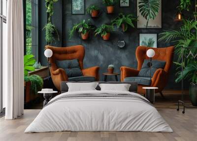 In this brown color living room interior, there are two armchairs and decor. Wall mural