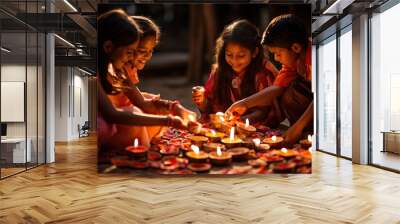 Indian girls light fires for diwali festival Wall mural