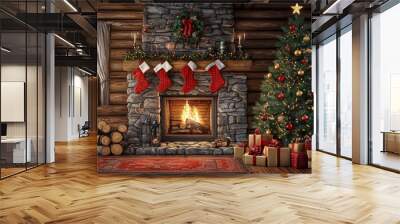 Interior of a cozy Christmas cabin with a fireplace, decorated tree, and gifts in the winter Wall mural