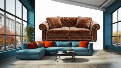 Isolated on transparent background, a classic brown sofa with quilted fabric Wall mural