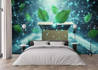 It uses a low-poly style with wireframe connections and a geometric background with falling green leaves. This 3D graphic looks very modern and clean. Wall mural