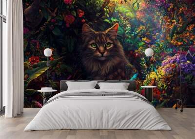 Laughter erupts from a fuzzy feline, nestled in a beautiful grove of plants Wall mural