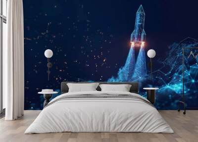 Low poly wireframe 3D modern illustration in technology blue on a dark background. Abstract space shuttle launches into space. Glowing rocket and smoke under it. Digital start-up and success concept. Wall mural