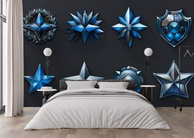 Military game rank buttons in hexagonal blue shield frames decorated with gemstone stars and wings. Wall mural