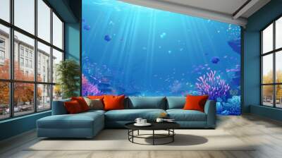 Modern cartoon background with deep sea surface. Abstract tropical seabed scene. Coral reef and rock view. Wall mural