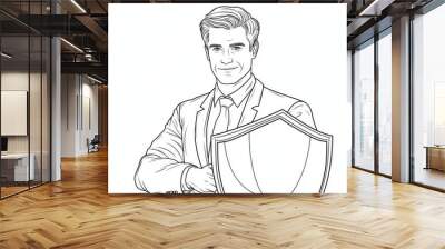 Modern continuous line draw graphic modern illustration of a young smart male employee holding a metal shield for self-defense. Minimal concept of business protection. Wall mural