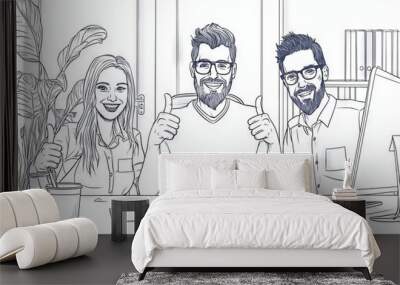 Modern illustration showing men and women thumbing up and hugging in friendship. Wall mural