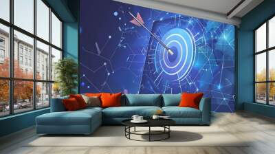 Modern low poly wireframe concept of SEO optimization on a computer monitor screen with abstract target and arrow in bullseye. Blue technology background and growth chart on blue background. Concept Wall mural