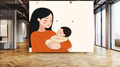 Mother and baby hold hands in a continuous one-line illustration of a happy mother and her toddler. Motherhood and newborn concepts. A girl holding a toddler in a continuous one-line illustration. Wall mural