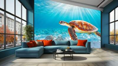 Nature's beauty captured in this image of a majestic turtle swimming serenely through crystal clear turquoise water. Wall mural