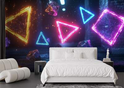 Neon glowing party lights illuminate abstract geometric shapes. Wall mural