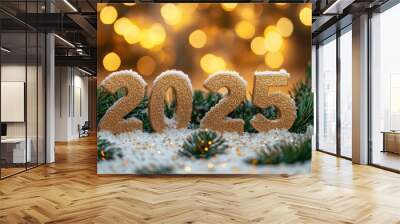 new year 2025, merry christmas, numbers 2025 with burning candles Wall mural