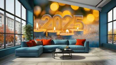 new year 2025, merry christmas, numbers 2025 with burning candles Wall mural