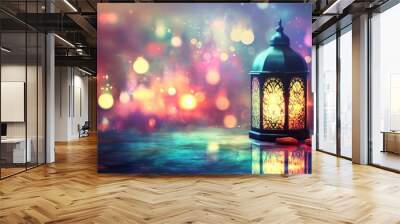 Night sky and city bokeh light background with lantern with moon symbol on top and small plate of dates fruit for the Muslim holiday celebrating Ramadan Kareem Wall mural