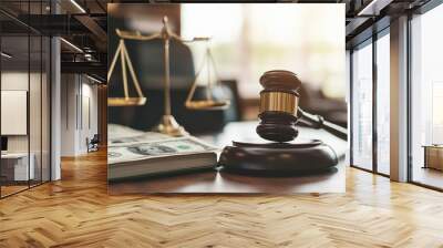 On a table, a judge's gavel, a scale of justice, dollars, and a law book depict financial legal consequences, such as bail and fraud. Wall mural