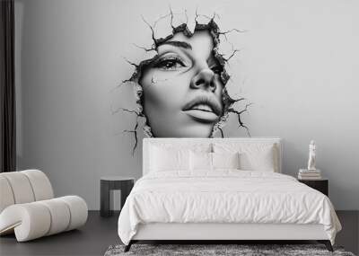 On a white background, a zombie face is seen breaking through a wall. Wall mural