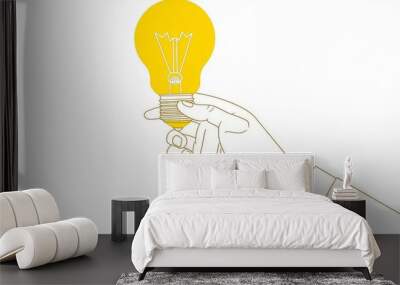 One continuous line drawing of a lightbulb on a hand. Electric yellow lamp. Brainstorm linear symbol. Modern isolated on white background. Wall mural