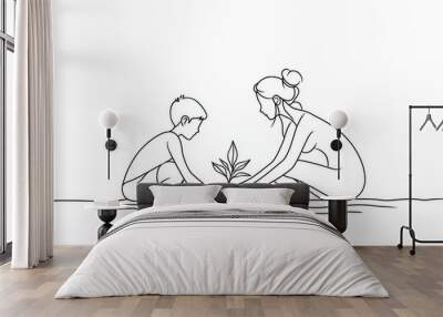 One continuous line drawing of a young mother teaching her son planting while the child waters a plant in a garden during a modern illustration of happy parenting. Wall mural