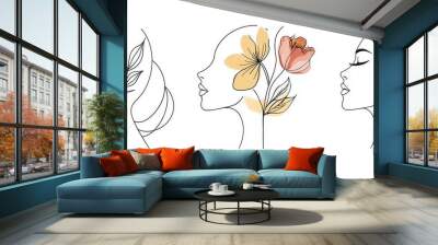 One line art style depicting women's faces with flowers and leaves. Elegant line art for prints, tattoos, posters, textile, cards, etc. Beautiful woman face. Modern illustration. Wall mural