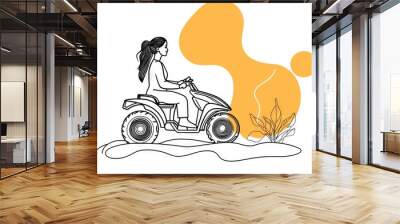 One line drawing of a young female farmer plows the fields with a tractor. Success in farming minimalism concept. Illustration designed in digital ink. Wall mural