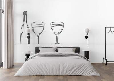 One line drawing of champagne bottle and glasses in line art style. Modern illustration on transparent background. Wall mural