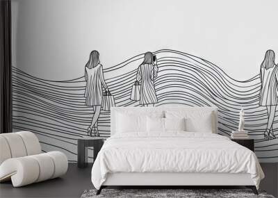 One-line drawing of fashion girls on sale during New Year's. Wall mural