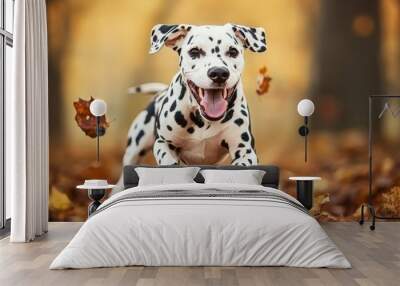 Playful Dalmatian leaps joyfully through vibrant autumn foliage in a cheerful park setting Wall mural