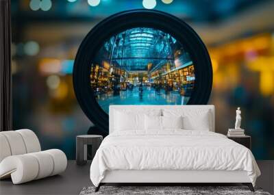 Reflection of the cityscape on a camera lens Wall mural