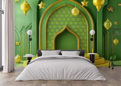 Render of ramadan eid mubarak festival with blank products and mosque Islamic festival decoration promotion sale advertising Wall mural