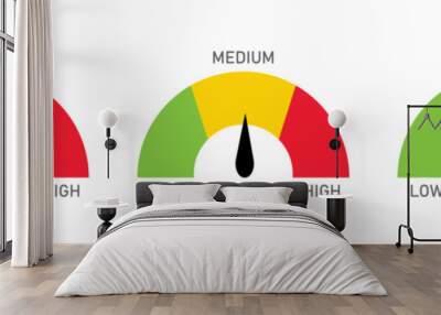 Speedometer scale from green to red with arrow and text low, medium and high - Stock Vector Wall mural