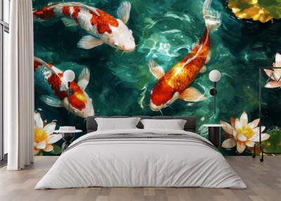 Stunning nature picture of colorful koi fish swimming in a peaceful pond surrounded by blooming lilies. Perfect for relaxation. Wall mural