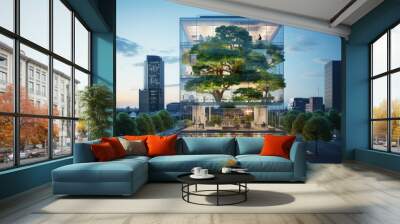 Sustainble green building. Eco-friendly building in modern city. Sustainable glass office building with tree for reducing carbon dioxide. Office with green environment. Corporate building reduce CO2. Wall mural