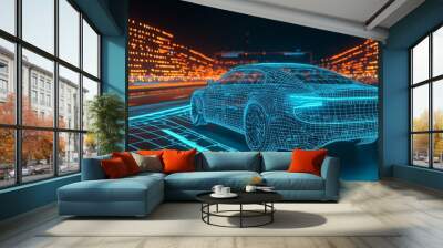 Symbol of the future of self-driving cars and technology advancement, a futuristic autonomous vehicle crosses an illuminated highway at night Wall mural