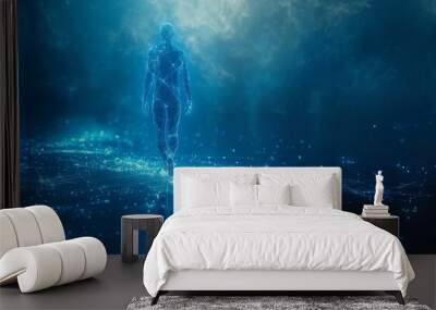 The abstract illustration is composed of an isolated human body on a blue background. There are polygons, particles, lines, and connected dots on the top of the body. The illustration is a medicine Wall mural